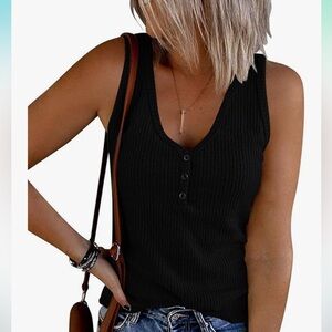 MEROKEETY Women's V Neck Tank Top Sleeveless Ribbed Button Casual Shirt Size L